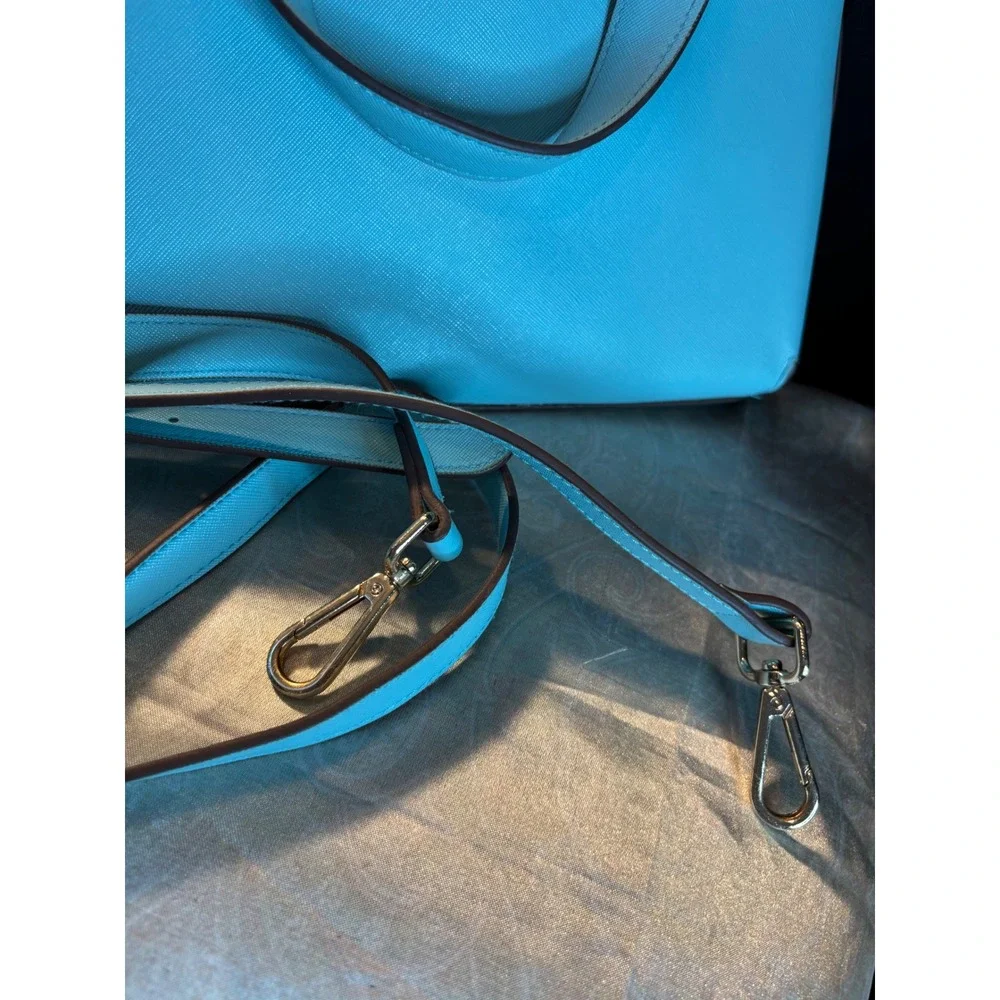 Blue Saffiano Dome Satchel Bag with Gold Heart Detail and Striped Lining